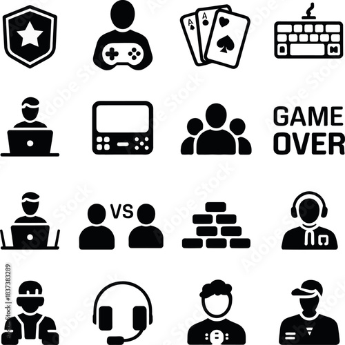 A collection of bold black gaming icons showing players, controllers, headsets, competitions, and game-related symbols.
