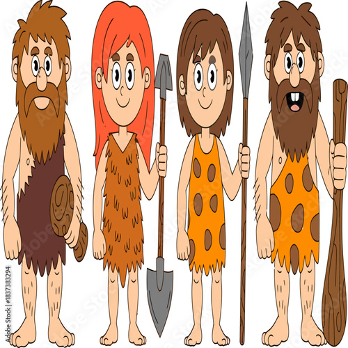 Cartoon cavemen and cavewomen stand together holding primitive tools, showcasing simple prehistoric clothing and weapons.