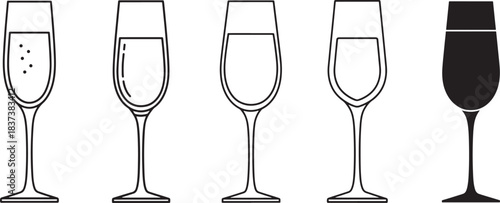 Champagne Glass Icon Set – Minimal Outline, Filled, Sparkling, and Solid Silhouette Wine Glass Designs for Celebrations, Parties, Bars, Restaurants, and Vector Illustrations