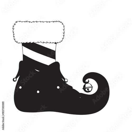 Cartoon black elf boot with fluffy white fur cuff, decorative winter footwear illustration.
