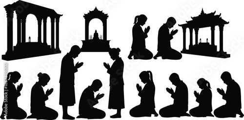 Prayer, worship, temple, silhouette, posture, gesture, kneel, clasp, meditate, shrine, spiritual, setup, tradition, culture, architecture, reverence, ritual, vector, black, pose, flavector