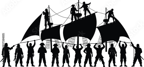 Pirate, crew, ship, silhouette, posture, gesture, sail, mast, rigging, rope, weapon, teamwork, deck, platform, adventure, nautical, setup, vector, black, pose, flavector