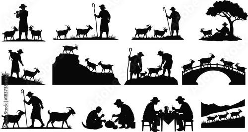Shepherd, goat, silhouette, posture, gesture, flute, staff, rope, hill, tree, bridge, food, tradition, rural, setup, agriculture, pastoral, interaction, vector, black, pose, flavector