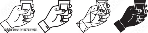 Various hands holding shot glasses in diverse graphic styles for celebration, toast, and beverage concepts. Vector