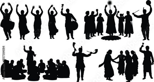 Traditional, dance, music, silhouette, posture, gesture, drum, horn, chant, circle, celebration, ritual, setup, cultural, folk, performance, community, vector, black, pose, flavector