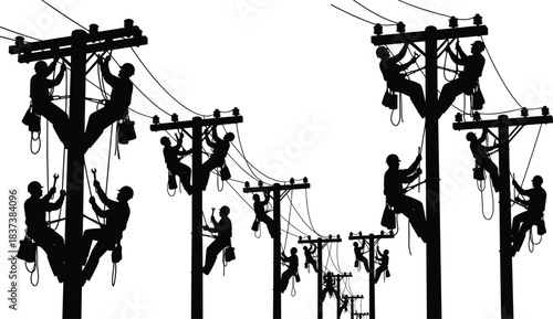 Utility, pole, maintenance, silhouette, posture, gesture, climb, tool, belt, wrench, gear, setup, infrastructure, electrical, technician, repair, labor, vector, black, pose, flavector