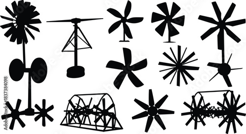 Windmill, turbine, silhouette, posture, gesture, blade, structure, energy, rotation, axis, setup, renewable, mechanical, rural, innovation, engineering, motion, vector, black, pose, flavector