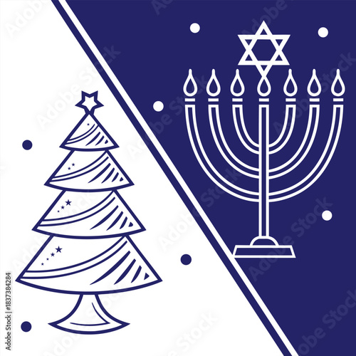 Christmas tree and menorah with star of David on blue and white background hanukkah holiday