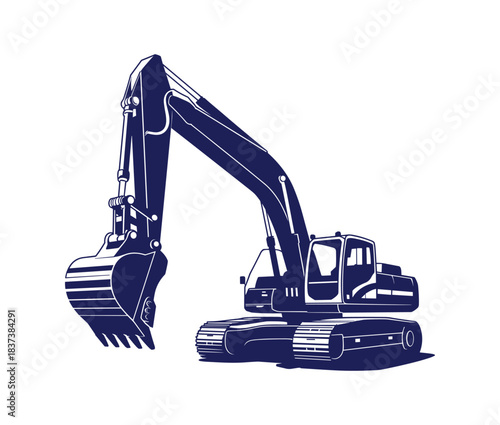 Dark blue construction excavator graphic. heavy, machinery, vehicle, industrial.