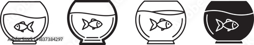 Minimalist fishbowl and fish icon vector set, various styles including line art and solid glyph designs for pets Vector