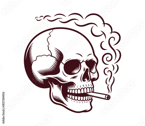 Dark red skull with cigarette and swirling smoke.