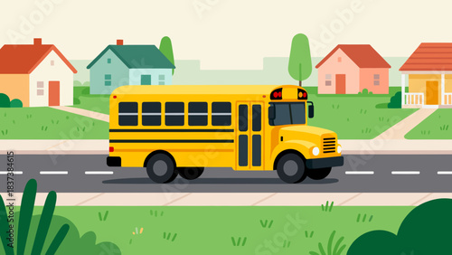 Yellow school bus driving on road through suburban neighborhood  