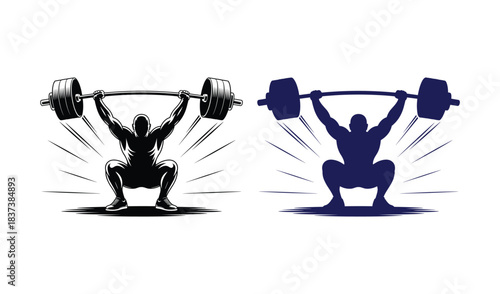 Silhouette of a weightlifter performing a squat with a barbell overhead in black and navy blue.