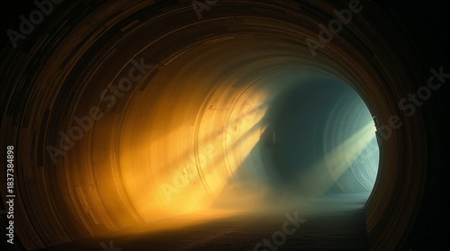 Tunnel with dramatic lighting from entrance casting orange and blue hues. Light rays pierce through tunnel showcasing vibrant colors and shadow. Concept of exploration and mystery in tunnels.