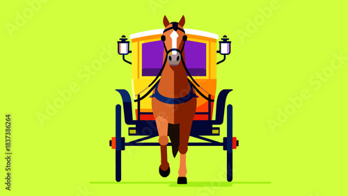 Horse drawing a colorful carriage on bright green background - Concept of personal transportation, roads  