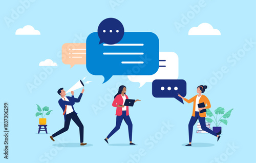Business team with a man using megaphone, and women with laptops discussing a marketing and social media strategy with large chat and speech bubbles, flat design vector illustration