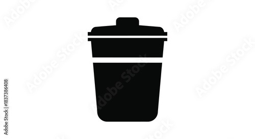 A simple black trash can illustration in a stark minimalist silhouette