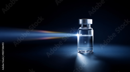A luminous vial glows against a dark backdrop, embodying medical innovation. The light beam adds dramatic flair, symbolizing a breakthrough in health science.