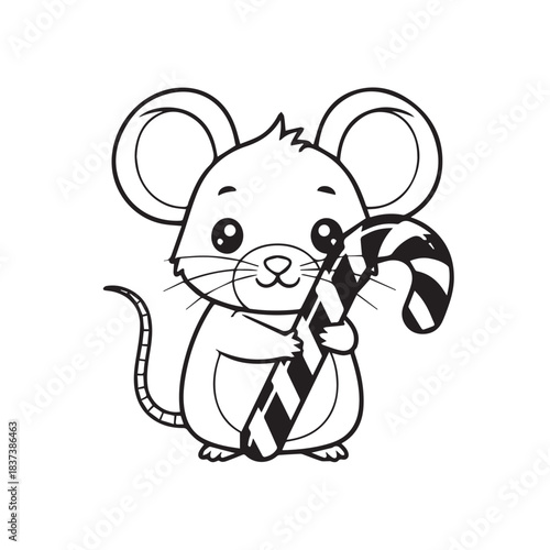 Playful cartoon mouse holding a large striped candy cane in a cute, festive scene.
