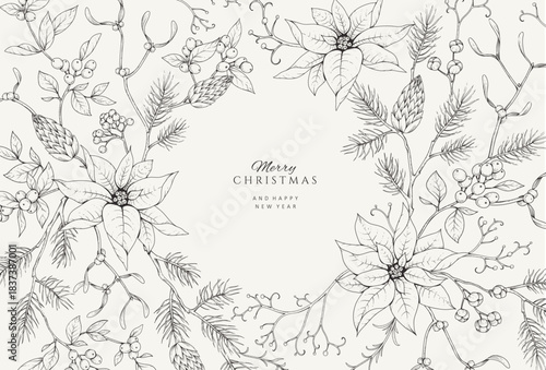 Christmas greeting illustration with winter plants and traditional New year decorations. Holiday card or invitation with hand drawn botanical engraving design