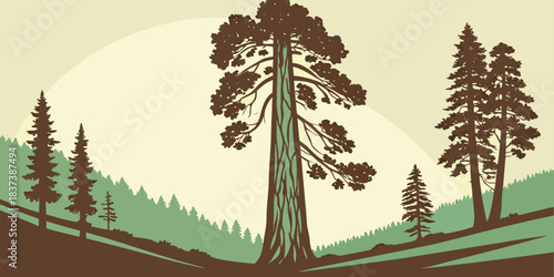 Flat modern design of Redwood National Park giant trees silhouette