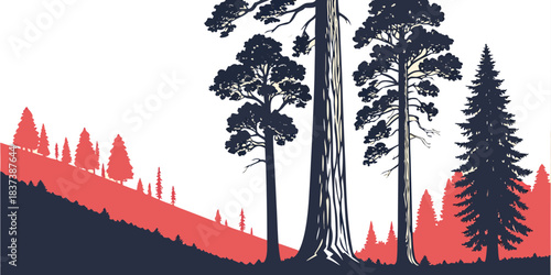 Flat modern design of Redwood National Park giant trees silhouette