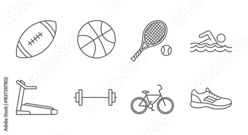 Set of eight simple line icons representing various sports equipment and fitness activities for healthy living
