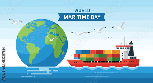 Celebrating world maritime day with a global shipping container vessel sailing past planet earth illustration