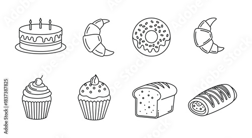 Collection of simple black outline icons representing various baked goods like cake donut croissant cupcake and bread