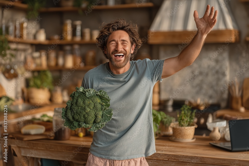 Fototapeta premium Happy man holding fresh broccoli in a cozy kitchen with wooden shelves and plants around