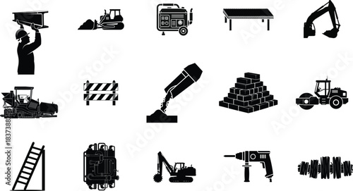 Comprehensive set of industrial and construction work icons depicting heavy machinery, building site tools, and essential equipment for engineering and development projects