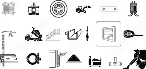 Industrial and construction icons representing various machinery, tools, and building elements for conceptual designs