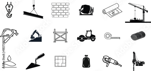 Collection of Construction and Building Icons, Including Tools, Machinery, and Materials