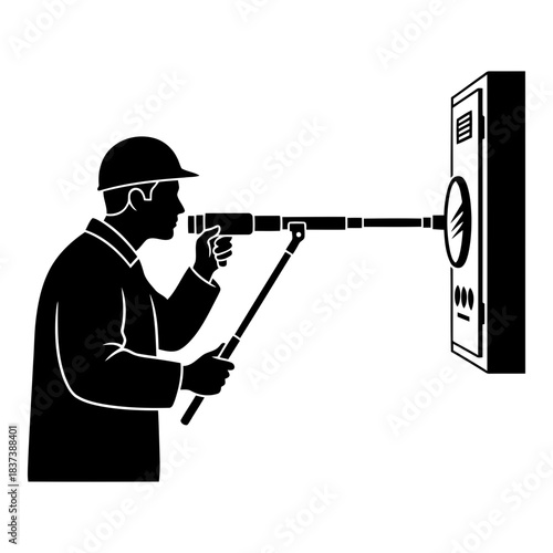 Engineer inspecting electrical panel with precision instrument tool isolated on white background, Vector