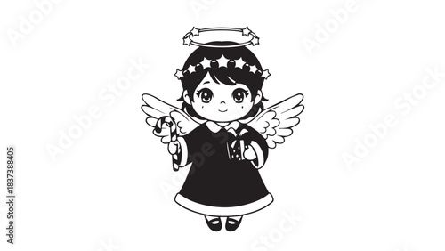 Cute cartoon angel girl with halo and wings wearing a black dress illustration.