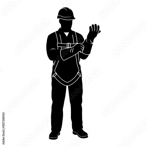 Safety worker putting on protective gloves and harness equipment isolated on white background, Vector