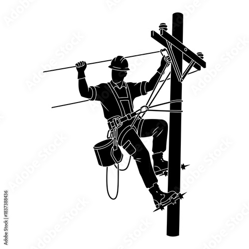 Electrician repairing utility pole with lines and safety equipment isolated on white background, Vector
