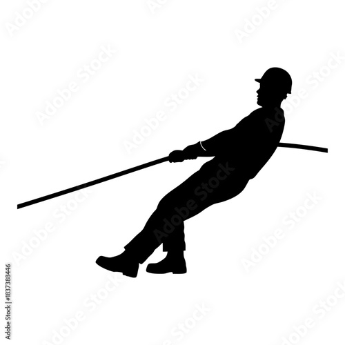 Silhouette of a worker pulling a rope or pole with strenuous effort isolated on white background, Vector