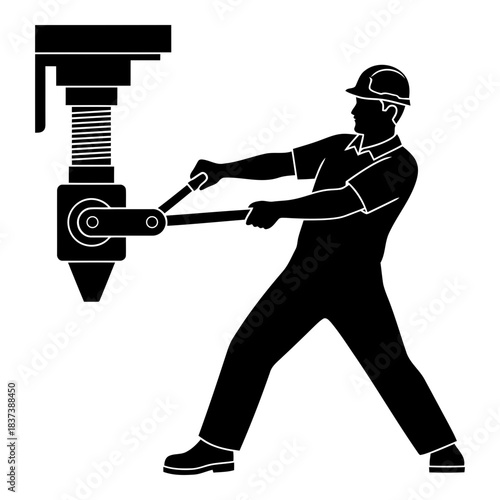 Industrial worker operating large wrench on machinery, manual task isolated on white background, Vector
