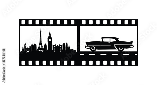 London skyline with vintage car framed as a film strip silhouette