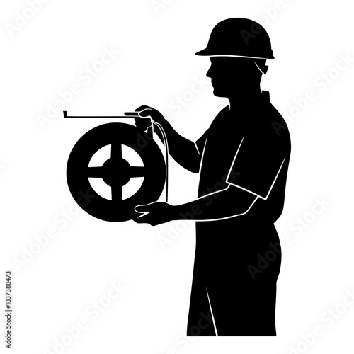 Worker silhouette extending measuring tape, a symbol of precision isolated on white background, Vector