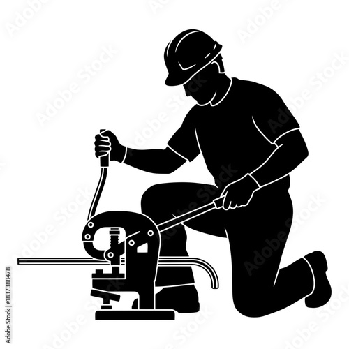 Craftsman in hard hat bending metal rod with a manual bender tool isolated on white background, Vector