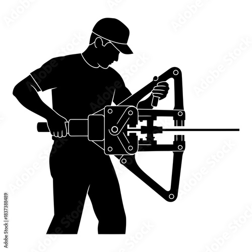 Worker silhouette operating a specialized manual pipe bending tool isolated on white background, Vector