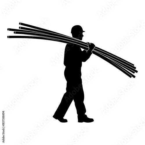 Construction worker carrying rebar on shoulder, silhouette, isolated isolated on white background, Vector