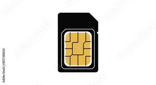 A black sim card with gold contacts isolated on a white background silhouette