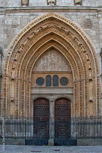 Flamboyant Gothic style entrance with pointed and splayed arch with reliefs and sculptures and wooden door with mullion known as the Gate of the Kings of the Cathedral of San Antolín in Palencia, Spai