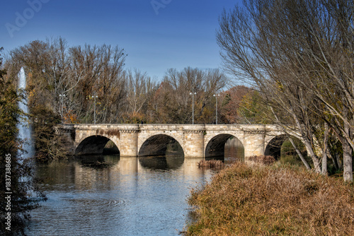 Medieval stone bridge known as the main bridge over the Carrión River in the city of Palencia, Spain