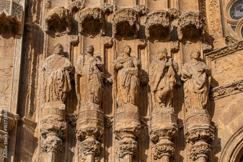 Detail of the Gothic stone sculptures of the Bishop's Gate of Palencia Cathedral, Spain