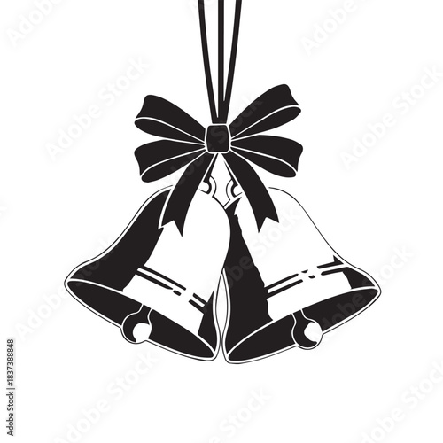 Two Hanging Bell Ornaments with Ribbon and Bow Silhouette in Monochrome.