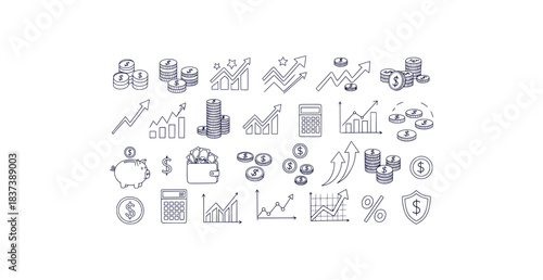 Business and financial planning doodle icons for house calendar and piggy bank